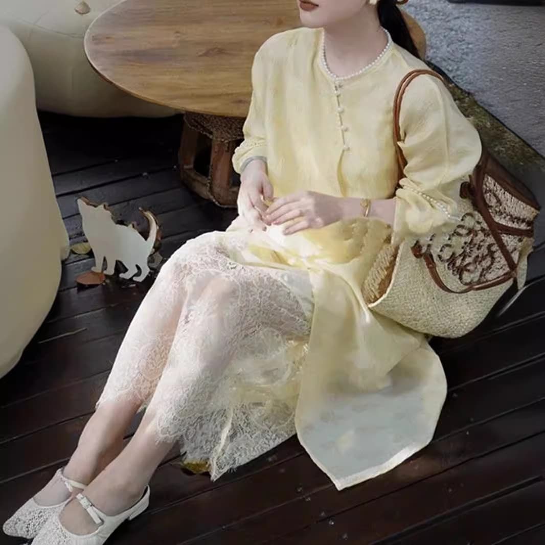 ロングワンピース 優美な花レースふんわり姫袖ワンピース