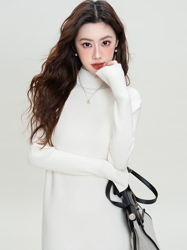 ワンピース タートルネック 優美なシルエット リブ編みタートルネックワンピース