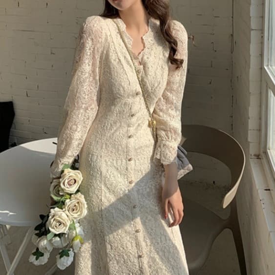 ロングワンピース 優美な花嫁風総レースワンピース