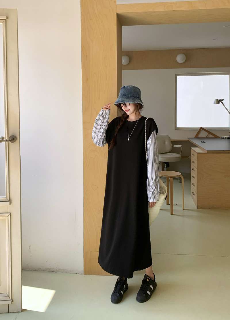 ロングワンピース ストライプ切替シームレスニットワンピース