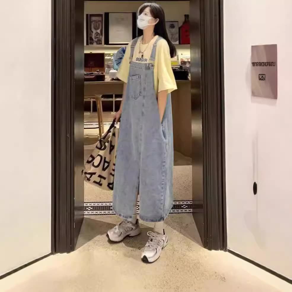 ロングワンピース オーバーオール風デニムマキシワンピース