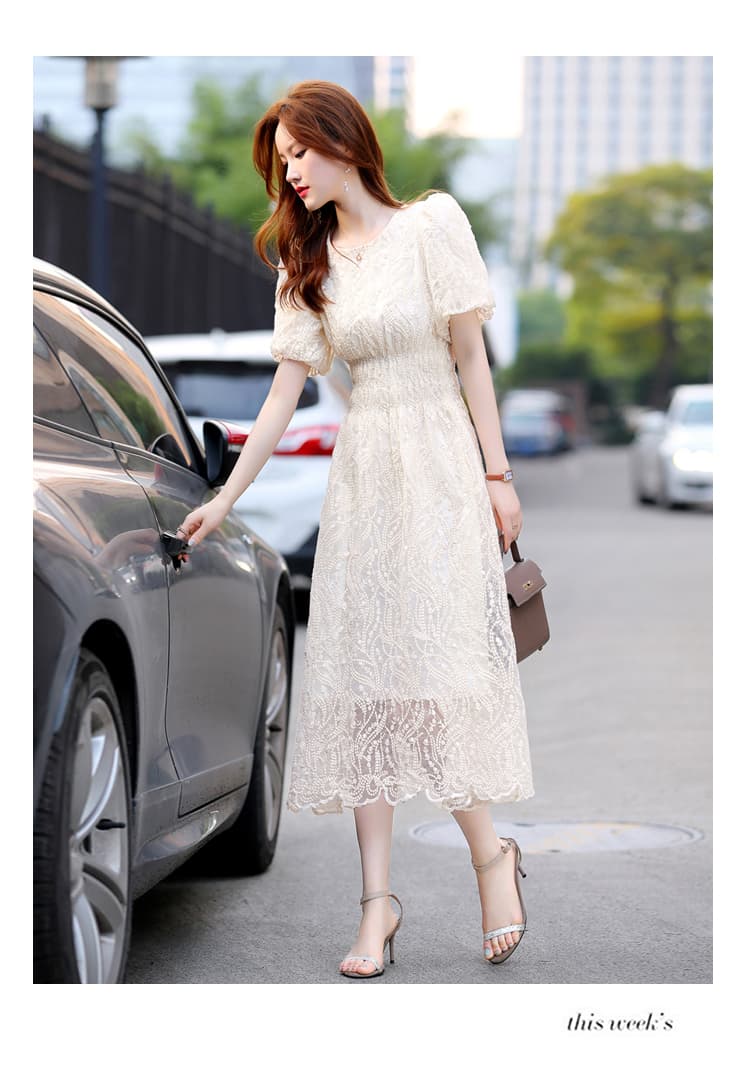 ロングワンピース レース 優美レース模様の華やかロングワンピース