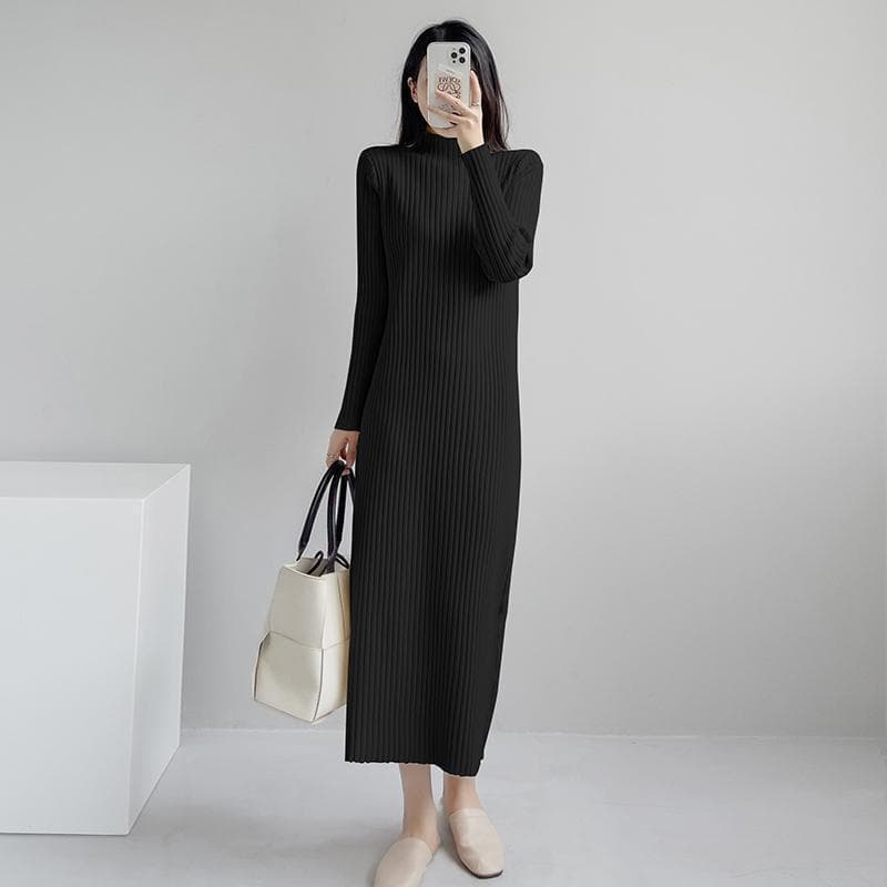 ロングワンピース リブ編みタートルネックロングワンピ