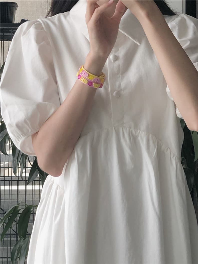 ロングワンピース シャツ パフスリーブ襟付きウエストギャザーシャツワンピース