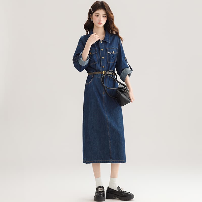 ロングワンピース デニム クラシカルロールアップデニムワンピース