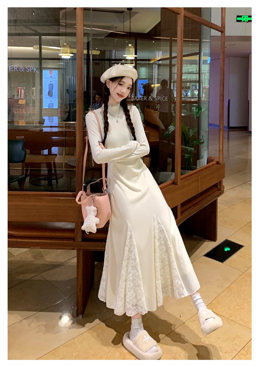 ロングワンピース 優美なフレア レースワンピース