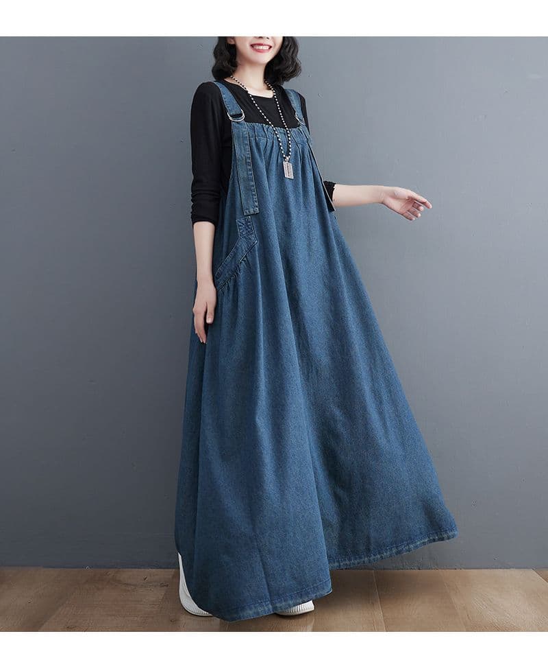 ロングワンピース ゆったりデニムサロペットワンピース