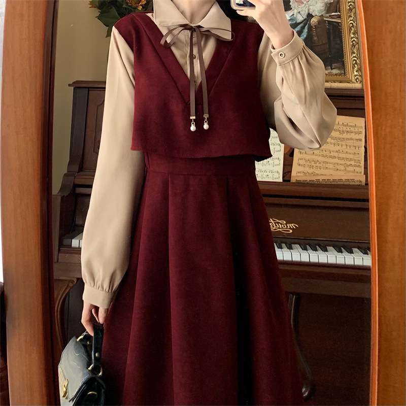 ロングワンピース 花束リボンカラー切替えセーラーワンピース
