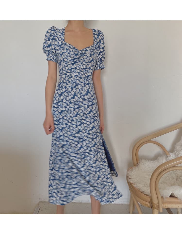 ロングワンピース シャツ 小花柄パフスリーブロングワンピース