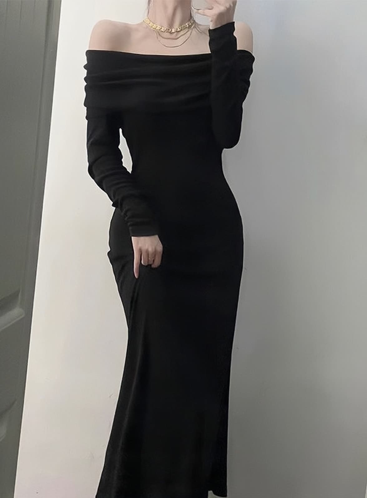 ロングワンピース ニット シンプル オフショルダー リブニット ワンピース