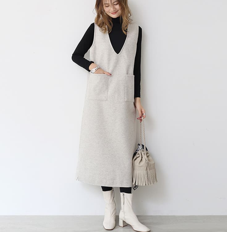 ロングワンピース 秋冬ノースリーブロング丈ワンピース ポケット付きジャンパースカート