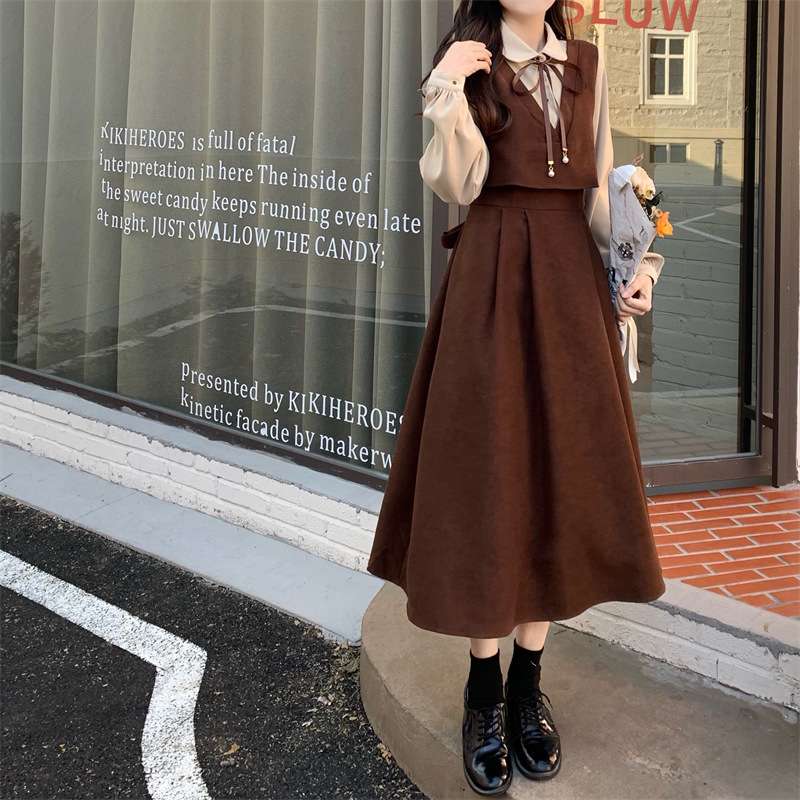 ロングワンピース 花束リボンカラー切替えセーラーワンピース