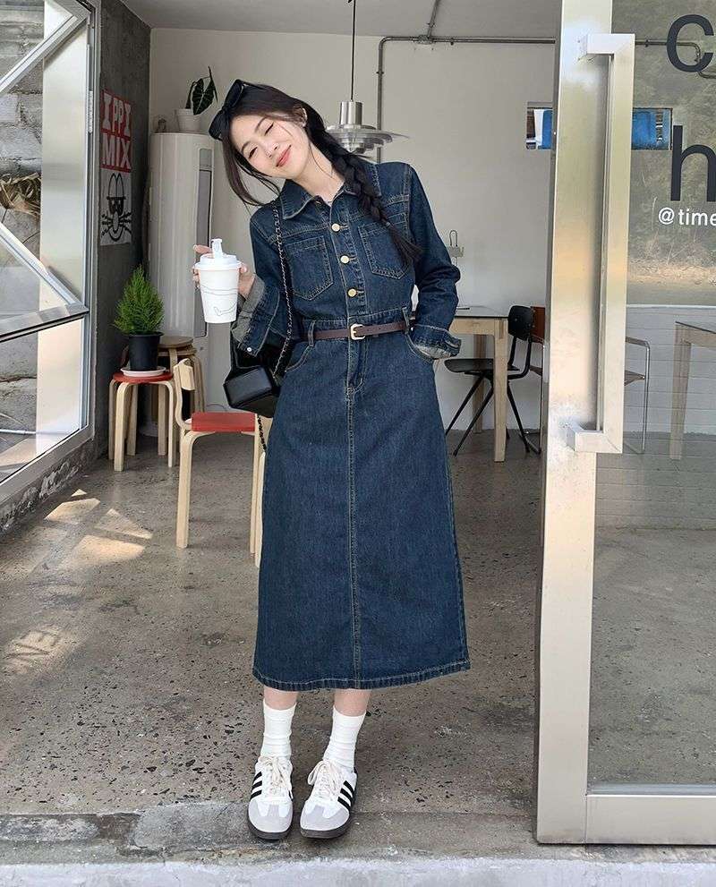 ロングワンピース クラシカル デニムワンピース