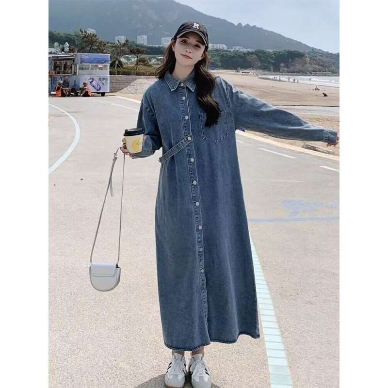 ロングワンピース シンプルゆったりデニムワンピース