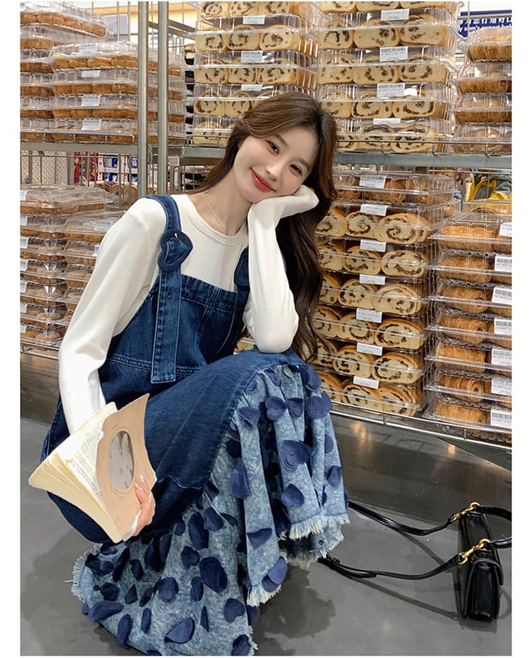 ロングワンピース ハートフリルデニムサロペットワンピース