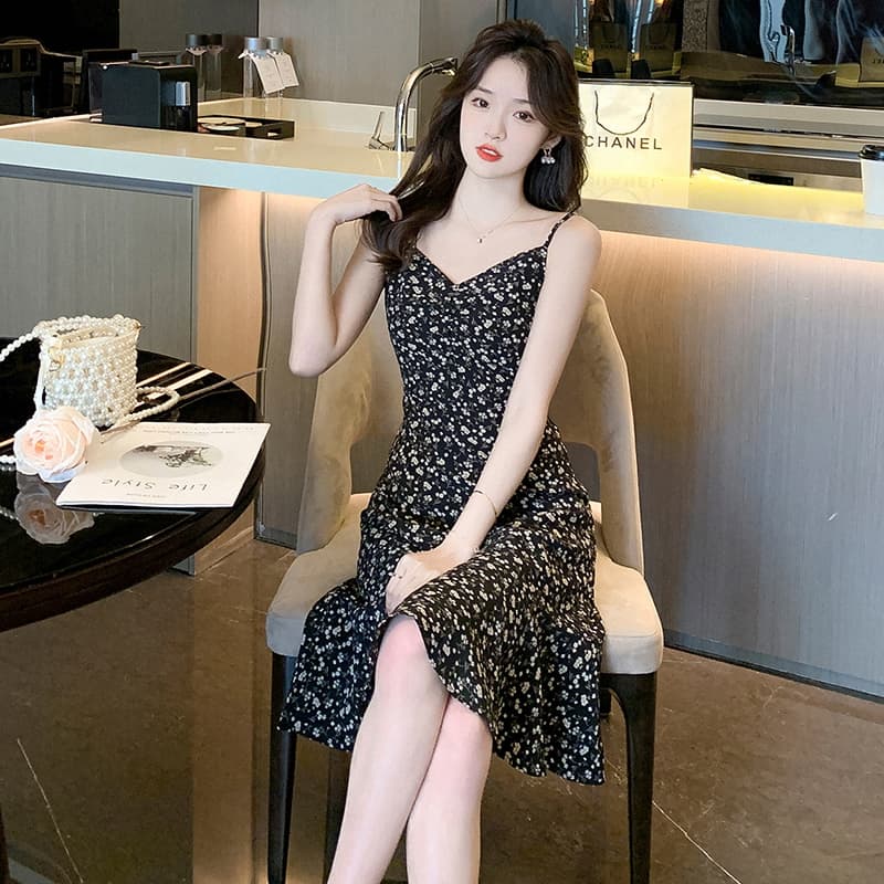 小花柄プリーツ切替キャミソールロングワンピース