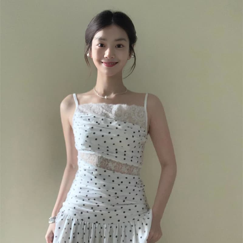 ロングワンピース レース 水玉レース切替優美ロングワンピース