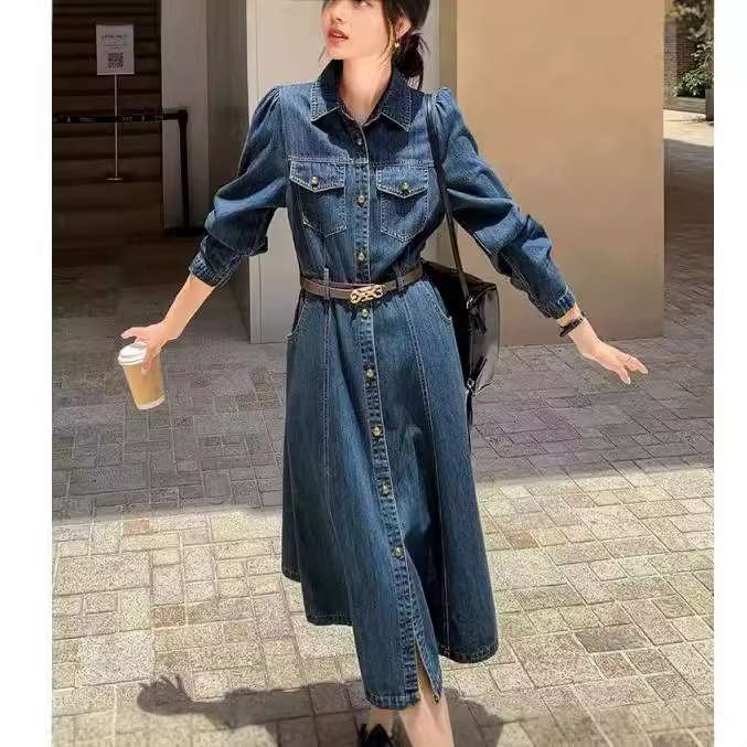 ロングワンピース フレア切替デニムワンピース