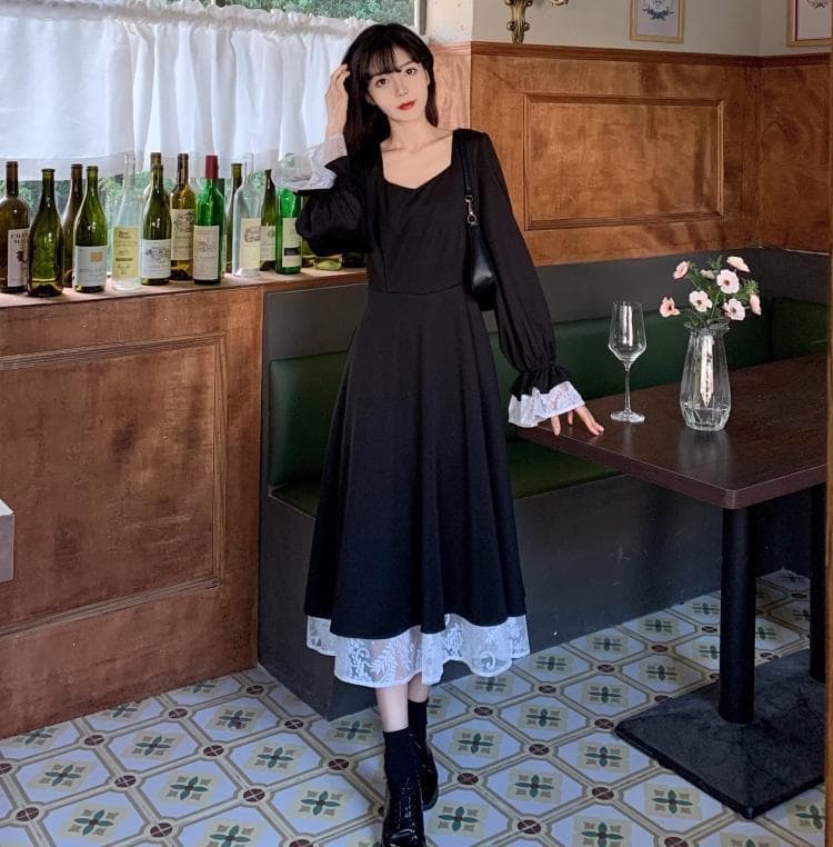 ロングワンピース 背中リボン レース切替 姫袖ワンピース