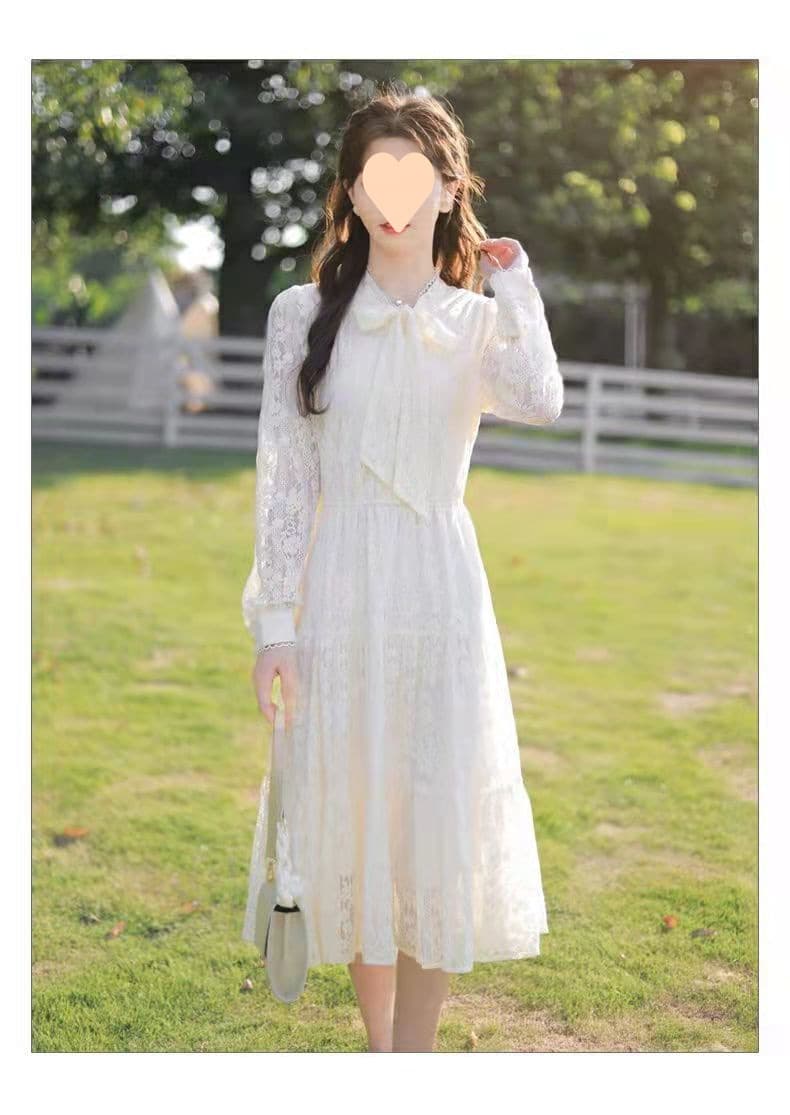 ロングワンピース 心落ち着く優美なリボンレースワンピース