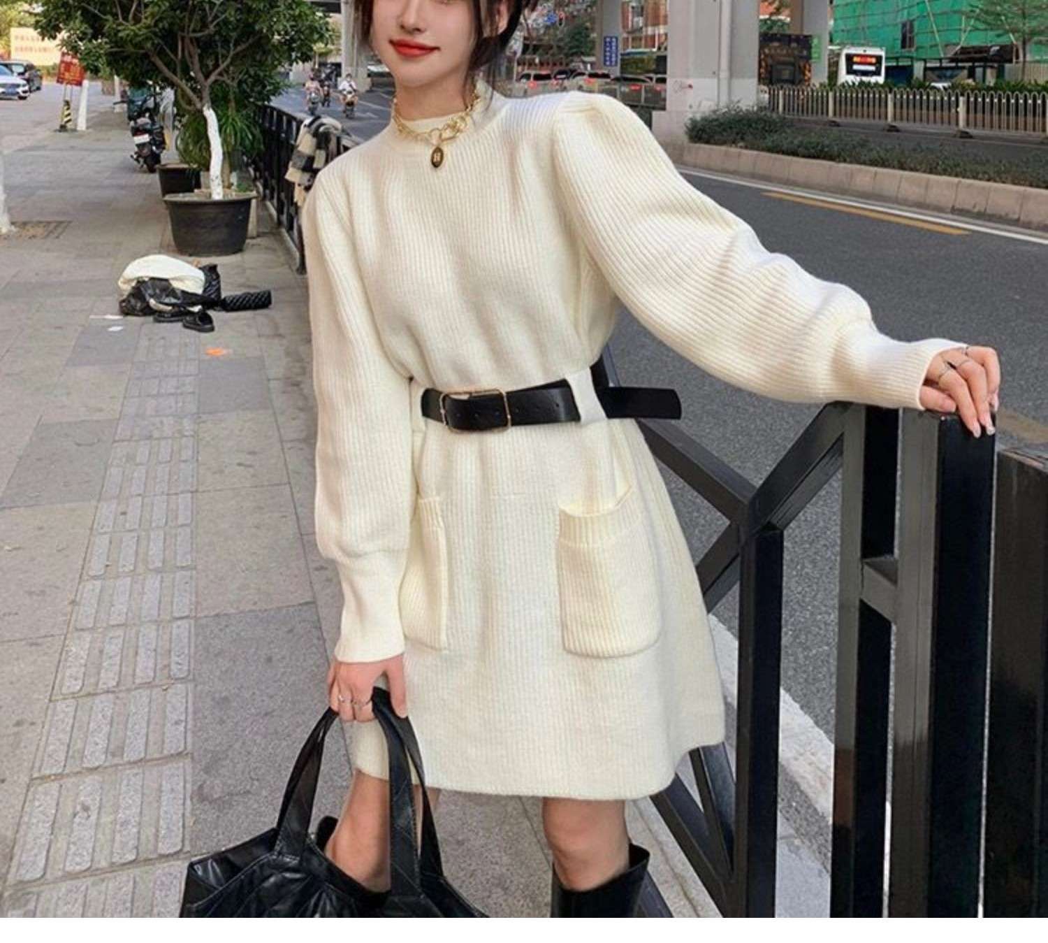 ロングワンピース ふんわり袖のベルト付きニットワンピース