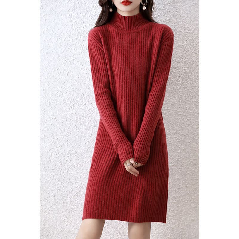 ロングワンピース シンプル リブ ハイネック ニットワンピース