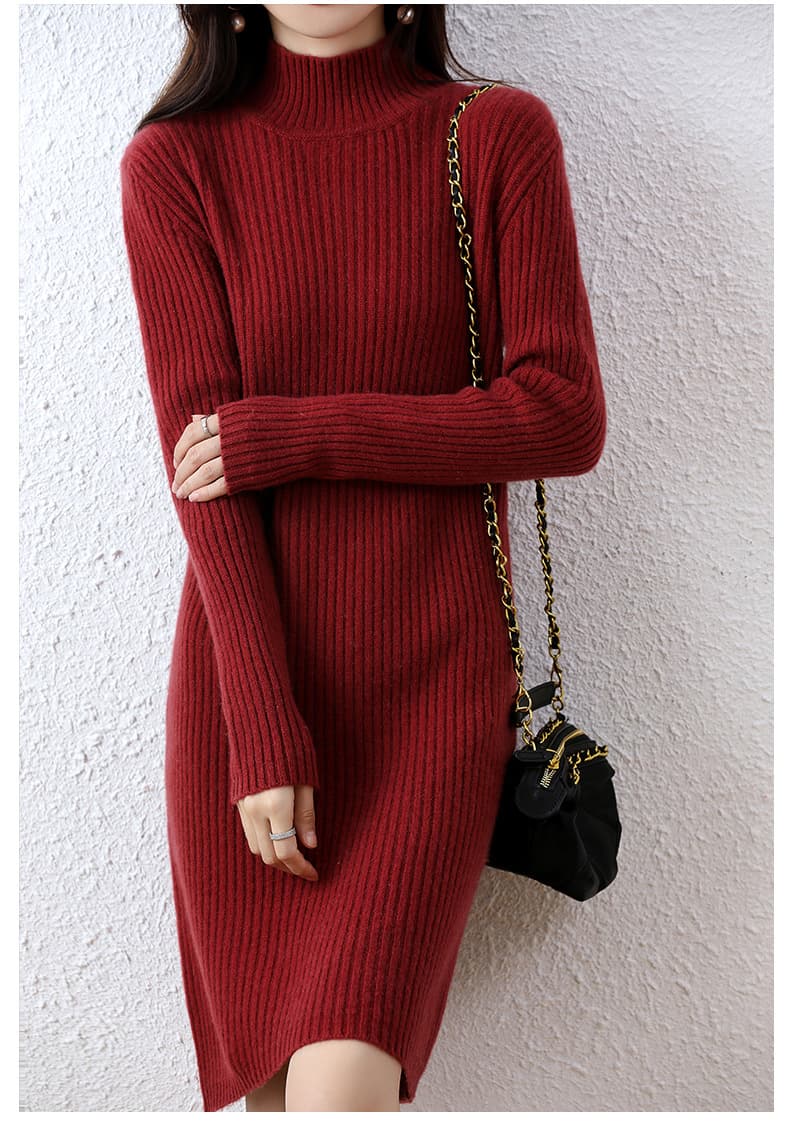 ロングワンピース シンプル リブ ハイネック ニットワンピース