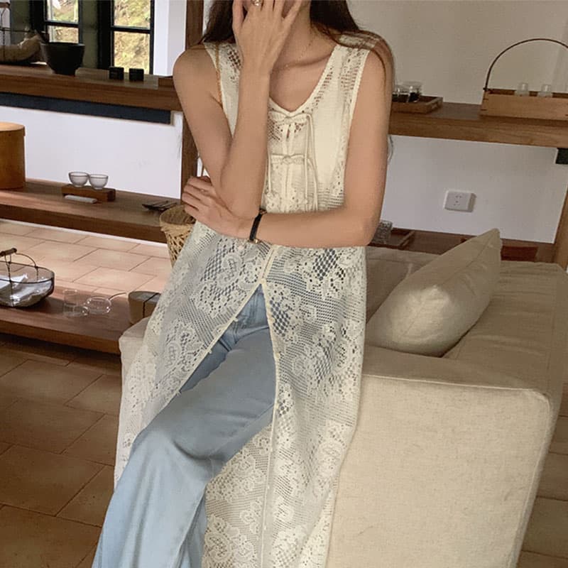 ロングワンピース 透かし編みニット ロング丈ノースリーブワンピース