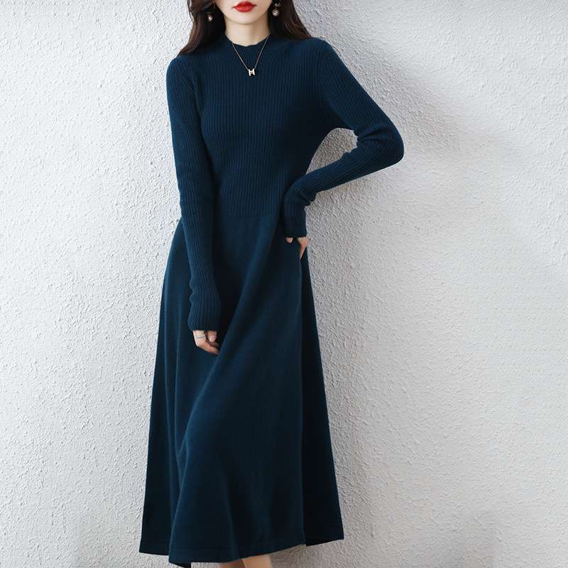 ロングワンピース リブ編みハイネック切替ロングワンピース