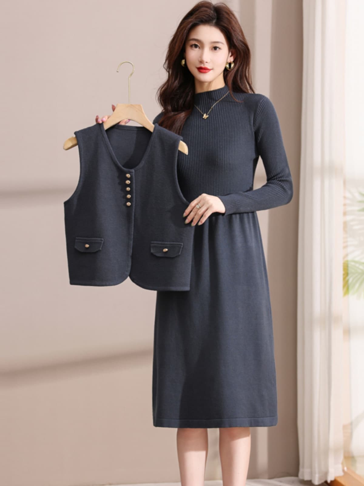 ロングワンピース ニット リブ編み切替すっきりロングワンピース