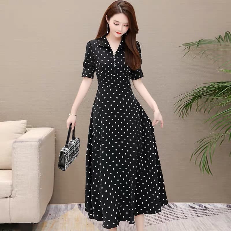 ロングワンピース シャツ 水玉模様半袖巻きシャツワンピース