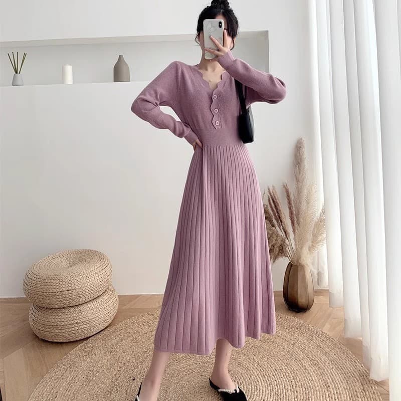 ロングワンピース ぬくもり感じる プリーツニットワンピース