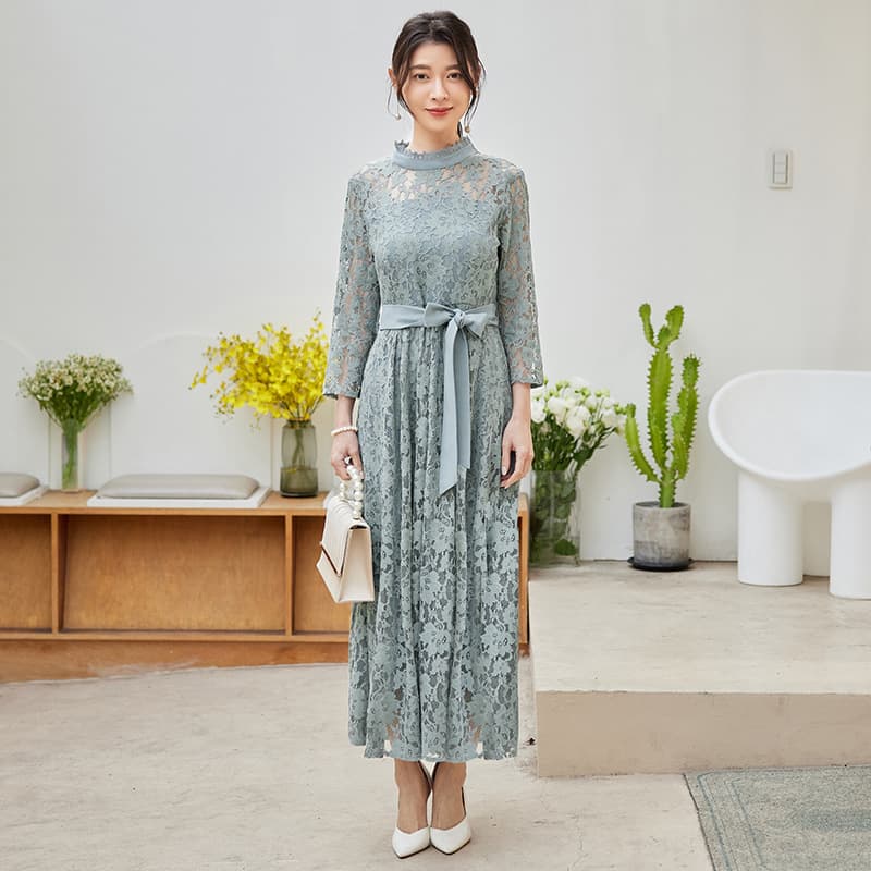 ロングワンピース シンプルリュクス総レース ワンピース