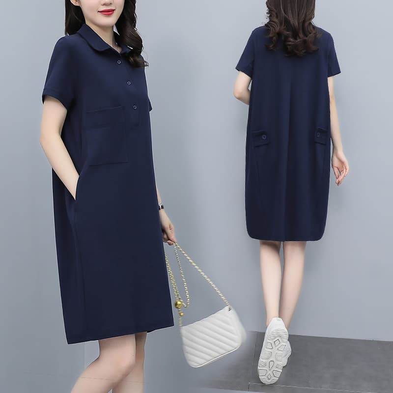 ロングワンピース シャツ 襟付き半袖ゆったりシルエットワンピース