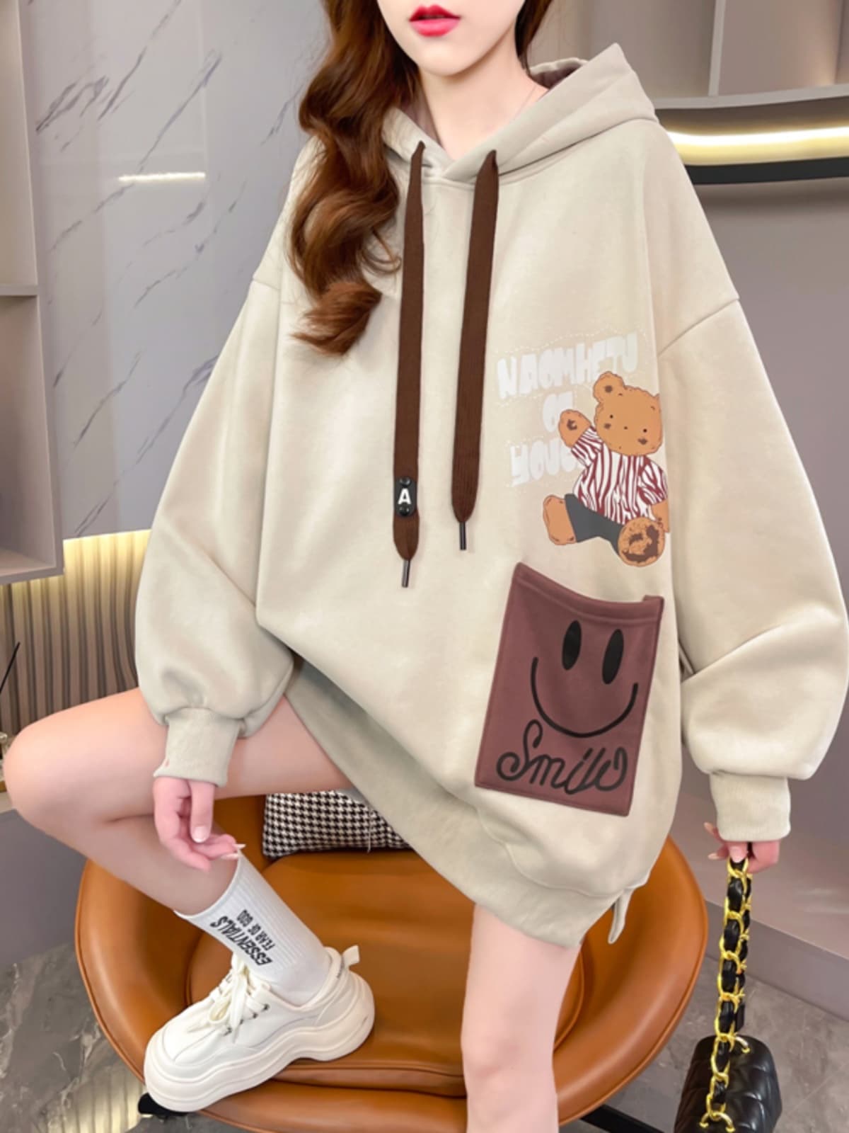ワンピース スウェット くまさん刺繍ゆったりパーカー