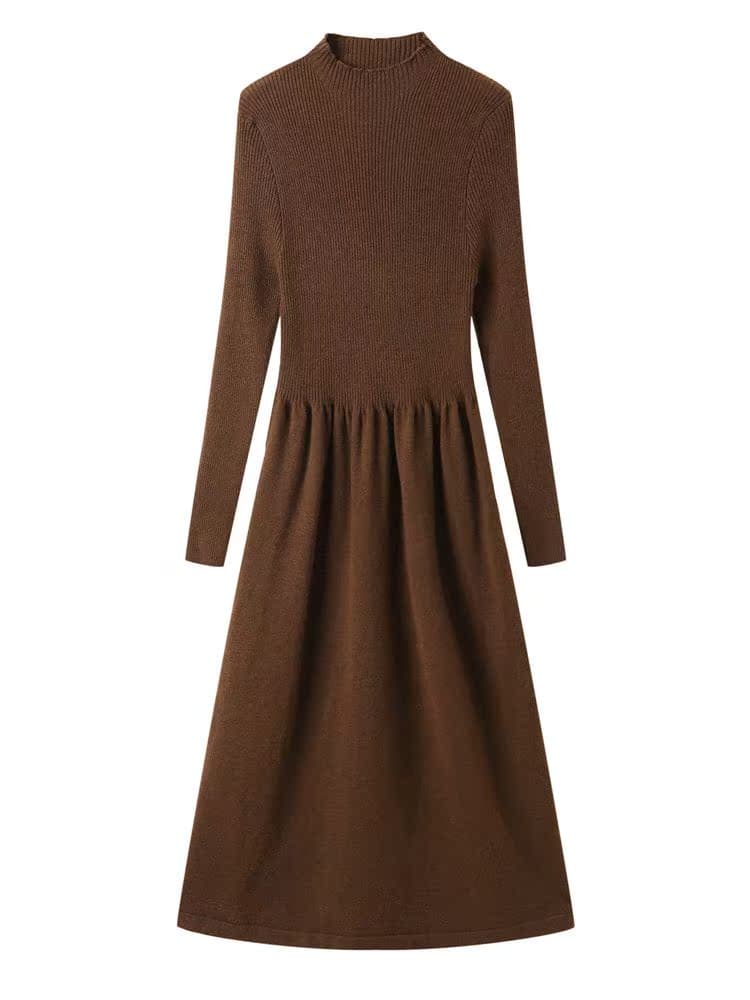 ロングワンピース ニット 上品装飾付きリブ編みミディワンピース