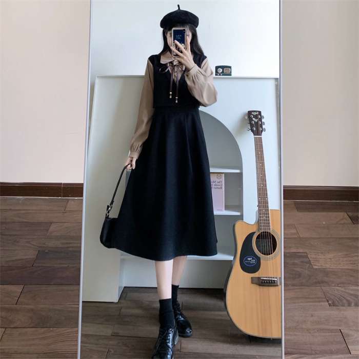 ロングワンピース 花束リボンカラー切替えセーラーワンピース
