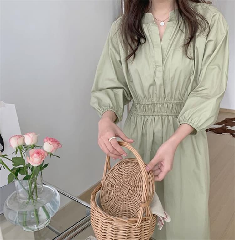 ロングワンピース 深襟シャツワンピース ウエストマーク ロング丈 上品シンプル