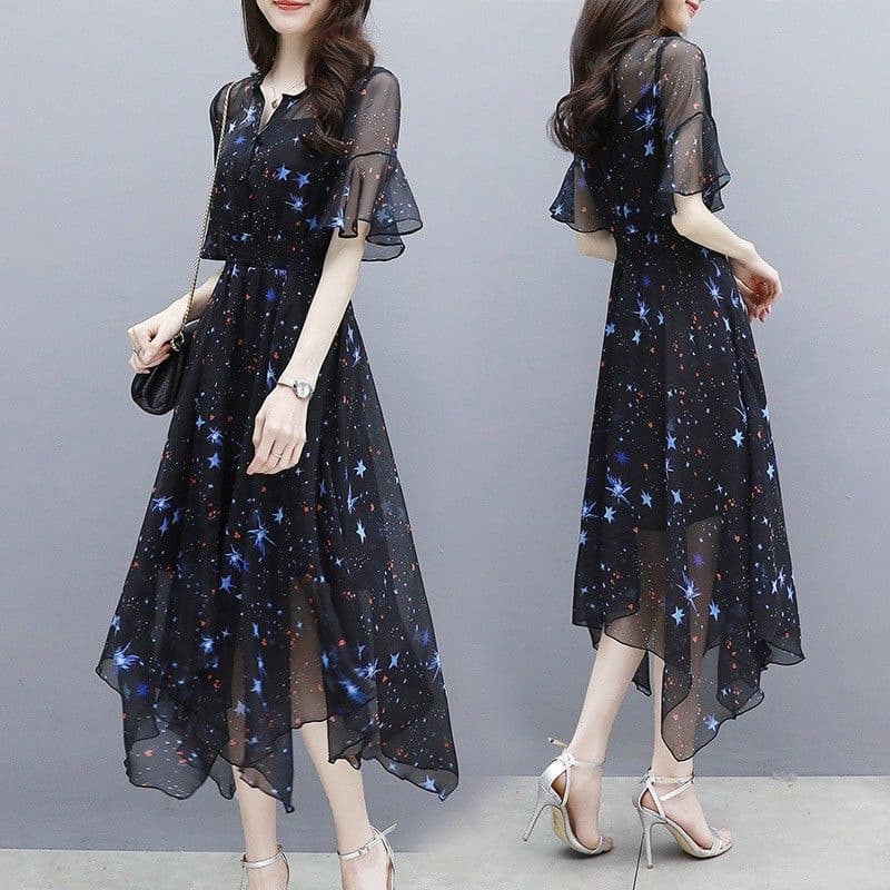 ロングワンピース 星座柄シフォンレース袖フレア裾ロングワンピース
