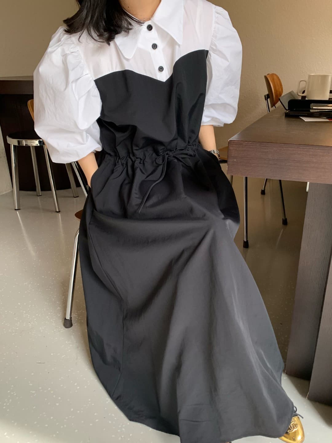 春夏新作 文芸風フリル袖 ウエストリボン ロングワンピース