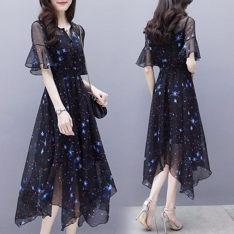 ロングワンピース 星座柄シフォンレース袖フレア裾ロングワンピース