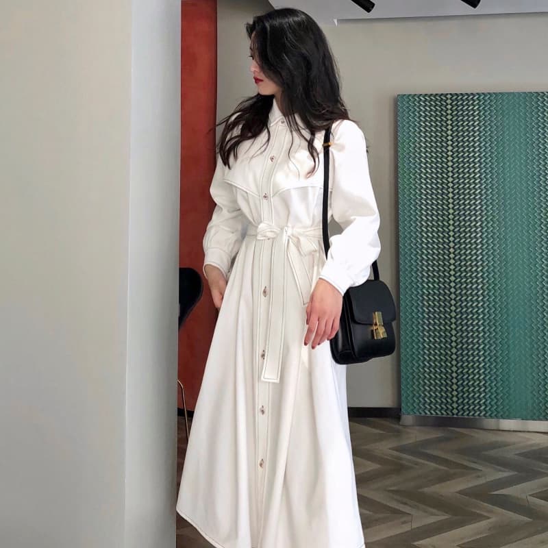 ロングワンピース シャツ ウエストリボンベルト付きロングシャツワンピース
