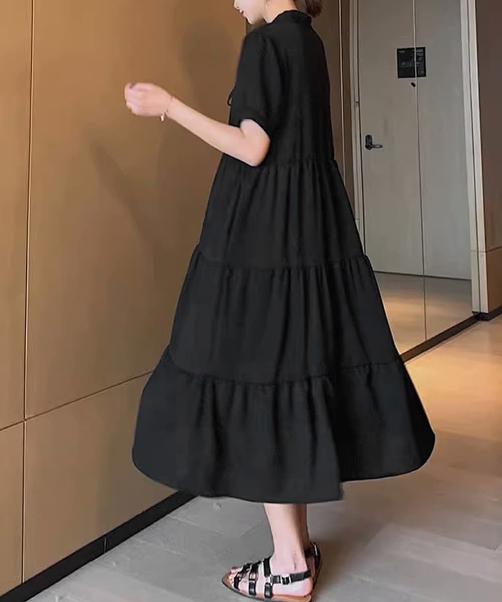 レース付きリボンタイ ティアードロングワンピース ミモレ丈