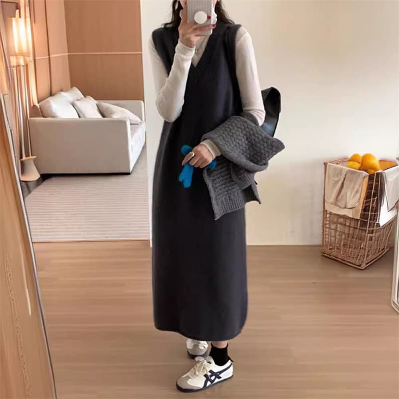 ロングワンピース シンプル上品ニットベストワンピース