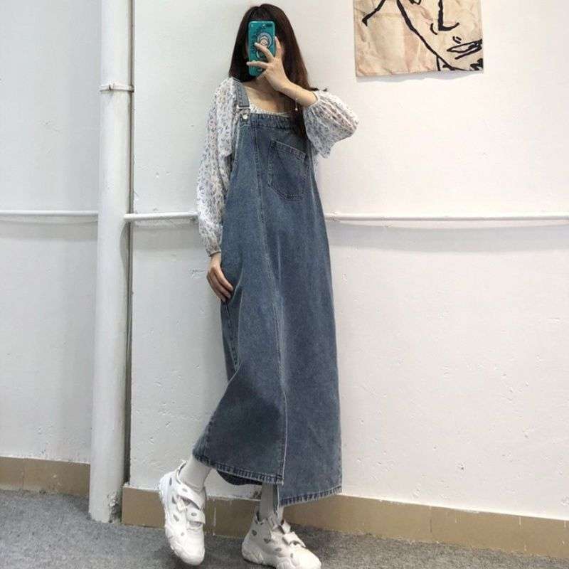 ロングワンピース ゆったりデザイン サロペット風 ワンピース