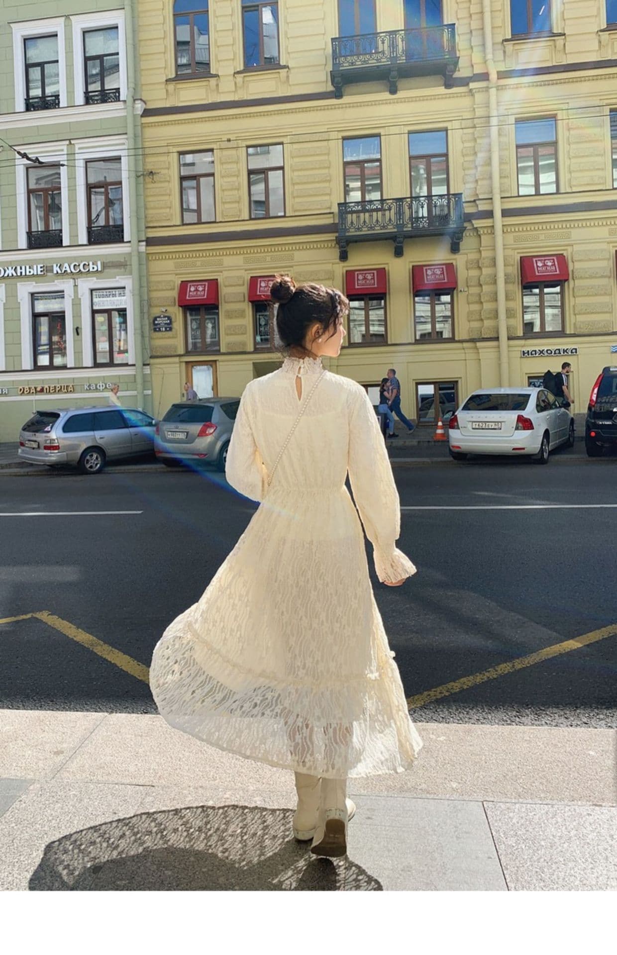 ロングワンピース レース編み花柄デザインワンピース