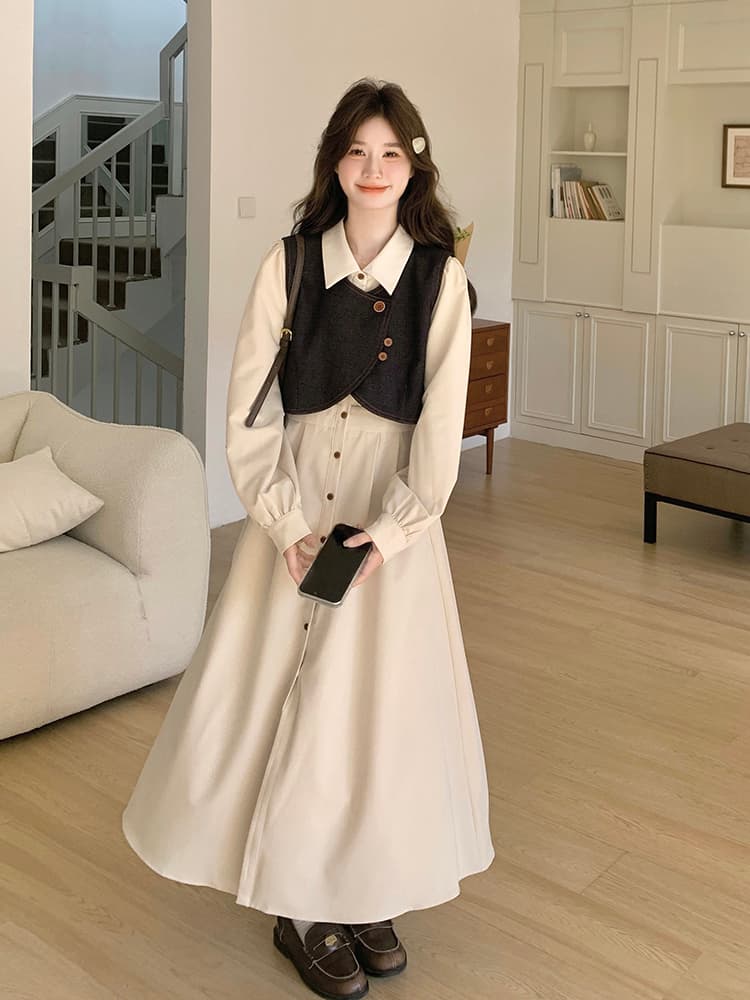 ロングワンピース シャツ 襟付きベスト重ね着風ロングシャツワンピース