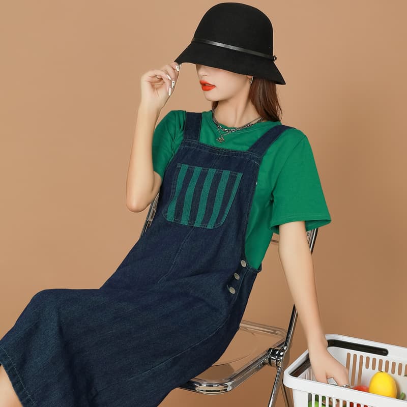 ロングワンピース デニム ゆったりシルエットサロペットワンピース