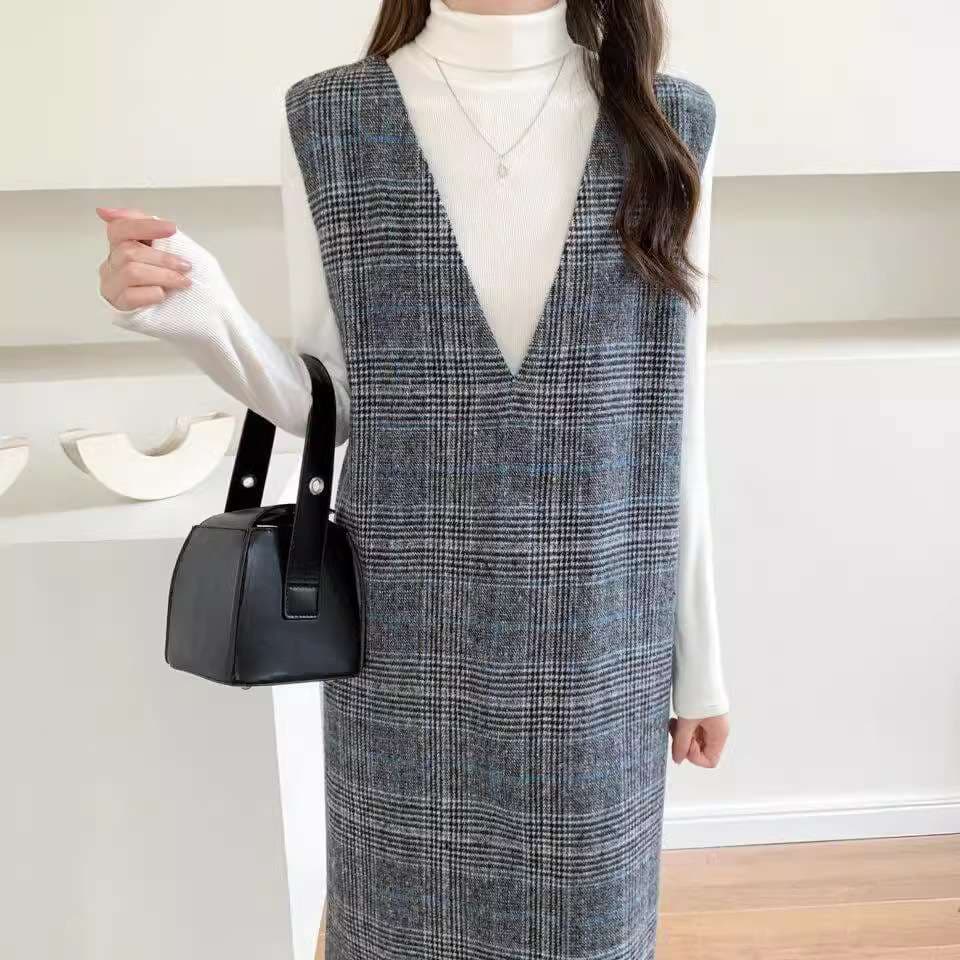 ロングワンピース シンプル格子柄ジャンパースカート
