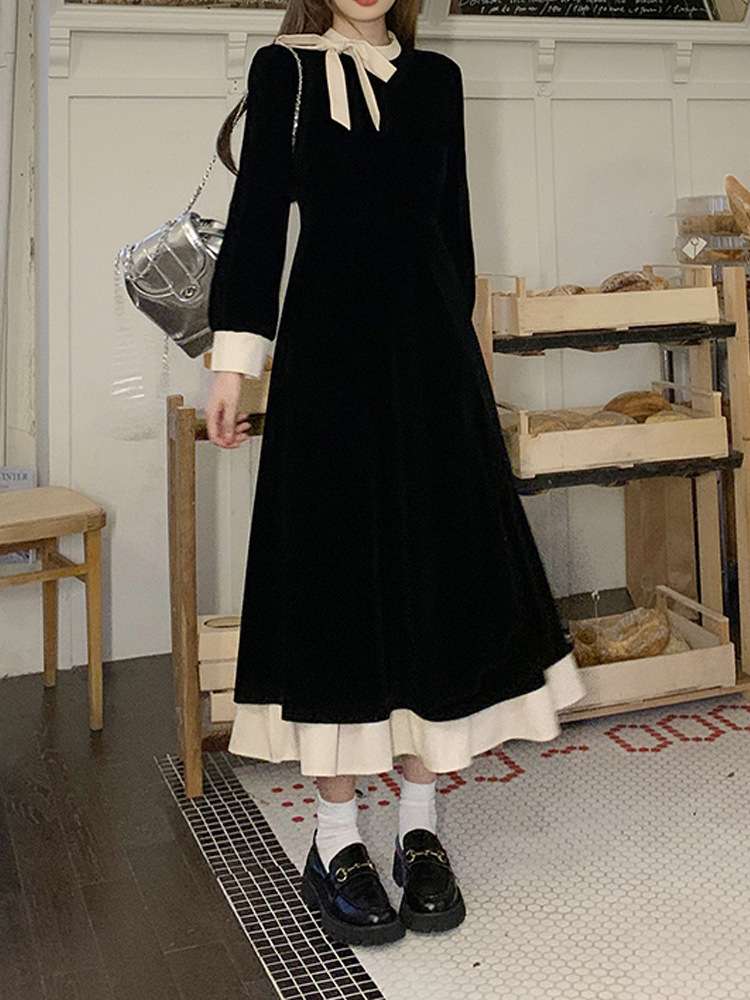 ロングワンピース レトロリボンベルベットミディアムワンピース